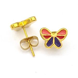Stainless Steel Butterfly Stud Earrings Multicolor Enamel Gold Plated, approx 7-9mm [SSB5542]