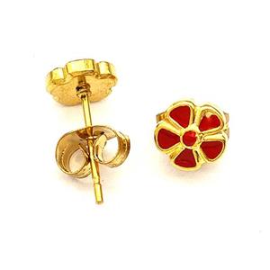 Stainless Steel Flower Stud Earring Red Enamel Gold Plated, approx 6.5mm [SSB5543]