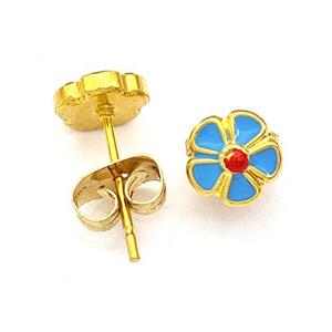 Stainless Steel Flower Stud Earring Blue Enamel Gold Plated, approx 6.5mm [SSB5544]