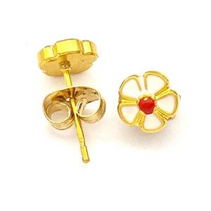 Stainless Steel Flower Stud Earring White Enamel Gold Plated, approx 6.5mm [SSB5545]