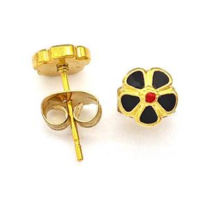 Stainless Steel Flower Stud Earring Black Enamel Gold Plated, approx 6.5mm [SSB5546]