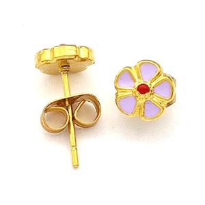 Stainless Steel Flower Stud Earring Lavender Enamel Gold Plated, approx 6.5mm [SSB5547]
