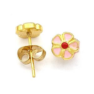 Stainless Steel Flower Stud Earring Pink Enamel Gold Plated, approx 6.5mm [SSB5548]