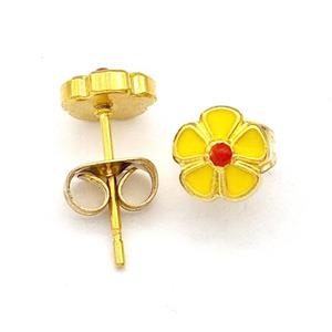 Stainless Steel Flower Stud Earring Yellow Enamel Gold Plated, approx 6.5mm [SSB5550]