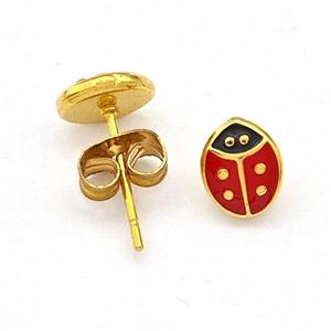 Stainless Steel Beetle Stud Earring Red Enamel Gold Plated, approx 6-7mm [SSB5551]