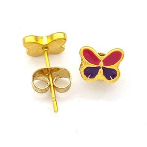 Stainless Steel Butterfly Stud Earring Multicolor Enamel Gold Plated, approx 6-7mm [SSB5557]