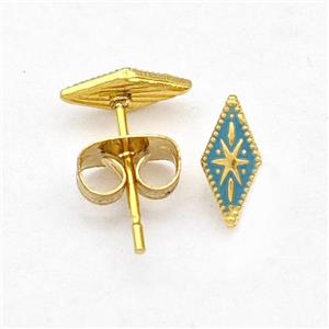 Stainless Steel Compass Stud Earring Green Enamel Gold Plated, approx 4-8mm [SSB5559]