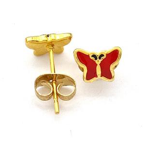 Stainless Steel Butterfly Stud Earring Red Enamel Gold Plated, approx 5.5-7.5mm [SSB5564]