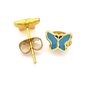 Stainless Steel Butterfly Stud Earring Teal Enamel Gold Plated, approx 5.5-7.5mm [SSB5565]