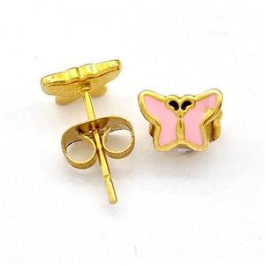 Stainless Steel Butterfly Stud Earring Pink Enamel Gold Plated, approx 5.5-7.5mm [SSB5566]