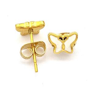 Stainless Steel Butterfly Stud Earring White Enamel Gold Plated, approx 5.5-7.5mm [SSB5567]