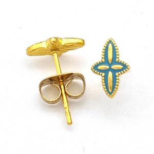 Stainless Steel Compass Stud Earring Green Enamel Gold Plated, approx 5.5-8mm [SSB5572]