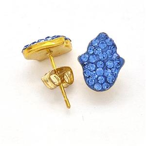 Stainless Steel Hand Stud Earring Pave Blue Rhinestone Gold Plated, approx 9-11mm [SSB5583]