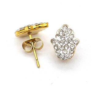 Stainless Steel Hand Stud Earring Pave Rhinestone Gold Plated, approx 9-11mm [SSB5584]