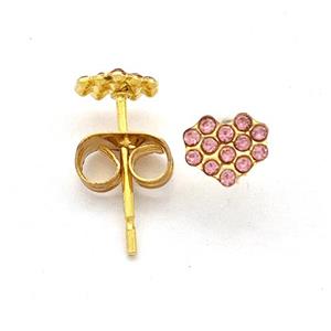 Stainless Steel Heart Stud Earring Pave Pink Rhinestone Gold Plated, approx 5-5.5mm [SSB5586]