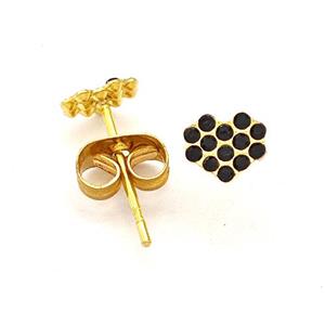 Stainless Steel Heart Stud Earring Pave Black Rhinestone Gold Plated, approx 5-5.5mm [SSB5588]