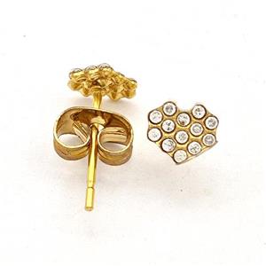 Stainless Steel Heart Stud Earring Pave Rhinestone Gold Plated, approx 5-5.5mm [SSB5589]