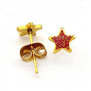 Stainless Steel Star Stud Earring Pave Red Fire Opal Gold Plated, approx 6.5mm [SSB5595]