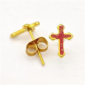 Stainless Steel Cross Stud Earring Pave Fire Opal Gold Plated, approx 6.5-9.5mm [SSB5602]