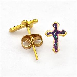 Stainless Steel Cross Stud Earring Pave Fire Opal Gold Plated, approx 6.5-9.5mm [SSB5603]