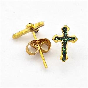 Stainless Steel Cross Stud Earring Pave Fire Opal Gold Plated, approx 6.5-9.5mm [SSB5604]