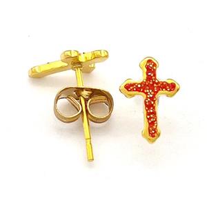Stainless Steel Cross Stud Earring Pave Fire Opal Gold Plated, approx 6.5-9.5mm [SSB5606]
