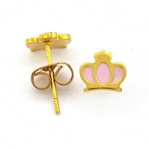 Stainless Steel Crown Stud Earring Pink Enamel Gold Plated, approx 6-7mm [SSB5609]