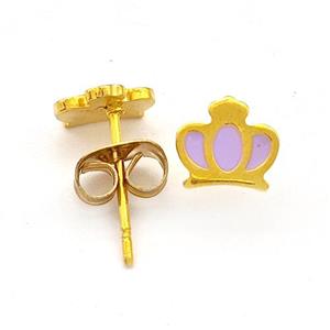 Stainless Steel Crown Stud Earring Lavender Enamel Gold Plated, approx 6-7mm [SSB5610]