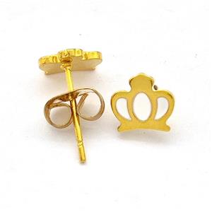 Stainless Steel Crown Stud Earring White Enamel Gold Plated, approx 6-7mm [SSB5612]