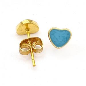 Stainless Steel Heart Stud Earring Teal Enamel Gold Plated, approx 6mm [SSB5613]
