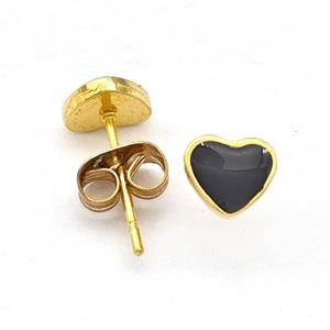Stainless Steel Heart Stud Earring Black Enamel Gold Plated, approx 6mm [SSB5616]