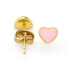 Stainless Steel Heart Stud Earring Pink Enamel Gold Plated, approx 6mm [SSB5617]