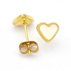 Stainless Steel Heart Stud Earring White Enamel Gold Plated, approx 8mm [SSB5621]