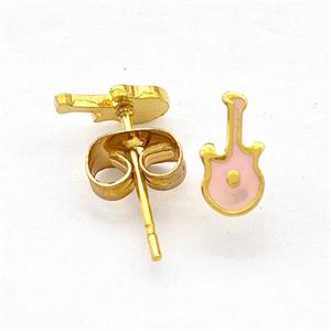 Stainless Steel Guitar Stud Earring Pink Enamel Gold Plated, approx 4-8mm [SSB5623]