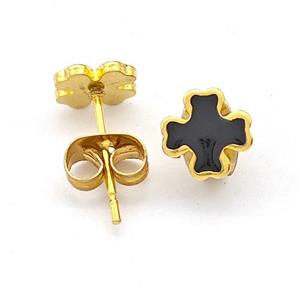 Stainless Steel Cross Stud Earring Black Enamel Gold Plated, approx 7mm [SSB5627]
