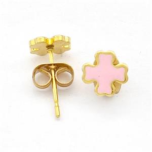 Stainless Steel Cross Stud Earring Pink Enamel Gold Plated, approx 7mm [SSB5628]