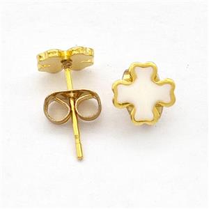 Stainless Steel Cross Stud Earring White Enamel Gold Plated, approx 7mm [SSB5629]