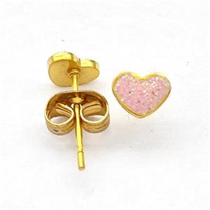 Stainless Steel Heart Stud Earring Pave Pink Fire Opal Gold Plated, approx 6mm [SSB5630]