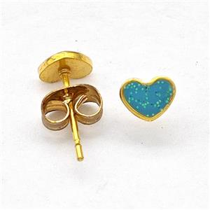 Stainless Steel Heart Stud Earring Pave Green Fire Opal Gold Plated, approx 6mm [SSB5631]