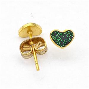 Stainless Steel Heart Stud Earring Pave Darkgreen Fire Opal Gold Plated, approx 6mm [SSB5632]