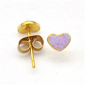 Stainless Steel Heart Stud Earring Pave Lavender Fire Opal Gold Plated, approx 6mm [SSB5633]