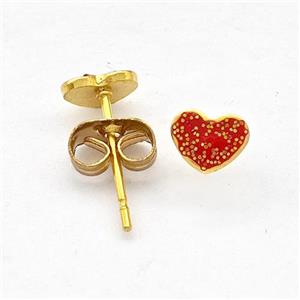 Stainless Steel Heart Stud Earring Pave Red Fire Opal Gold Plated, approx 6mm [SSB5634]