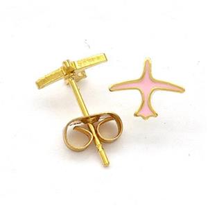 Stainless Steel Airplane Stud Earring Pink Enamel Gold Plated, approx 6.5-8mm [SSB5636]