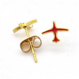 Stainless Steel Airplane Stud Earring Red Enamel Gold Plated, approx 6.5-8mm [SSB5637]