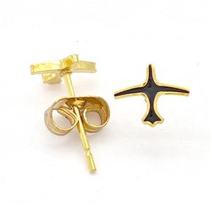 Stainless Steel Airplane Stud Earring Black Enamel Gold Plated, approx 6.5-8mm [SSB5638]