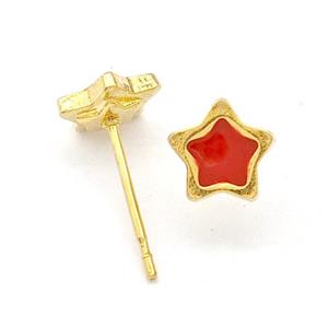 Stainless Steel Star Stud Earring Red Enamel Gold Plated, approx 7mm [SSB5641]