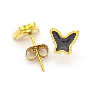 Stainless Steel Butterfly Stud Earring Black Enamel Gold Plated, approx 7-8mm [SSB5642]
