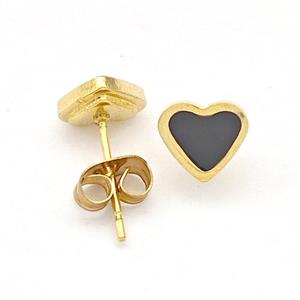 Stainless Steel Heart Stud Earring Black Enamel Gold Plated, approx 7-7.5mm [SSB5643]