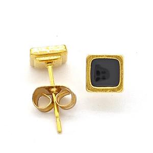 Stainless Steel Square Stud Earring Black Enamel Gold Plated, approx 6mm [SSB5645]
