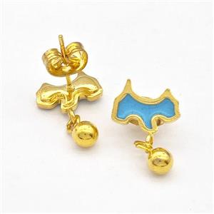 Stainless Steel Dog Stud Earring Teal Enamel Gold Plated, approx 4mm, 7-10mm [SSB5648]